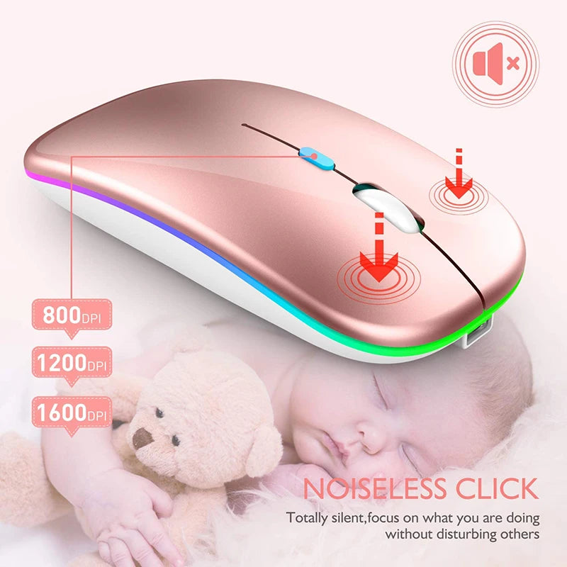 Tablet Computer Bluetooth Wireless Mouse Rechargeable Mouse 1600DPI RGB Backlight Mice for PC Laptop 2.4GHz USB Gaming Mouse