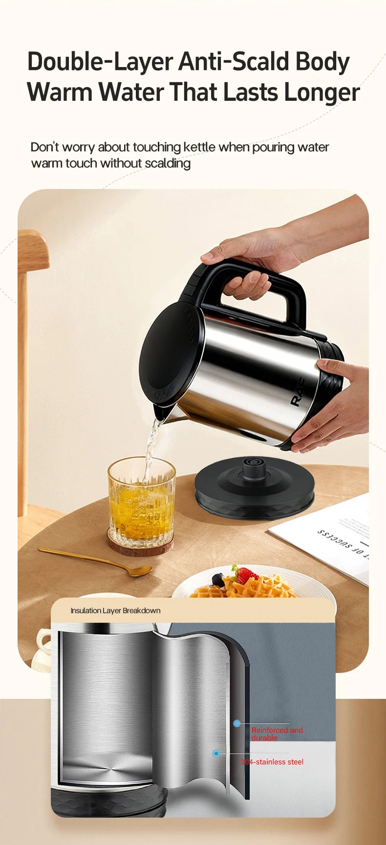 RAF 2L Electric Kettle, 1800W Stainless Steel