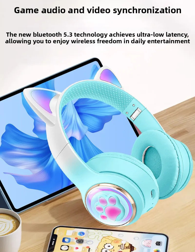 Cute Cat Ear Bluetooth Headphones, Luminous Wireless Stereo Headset
