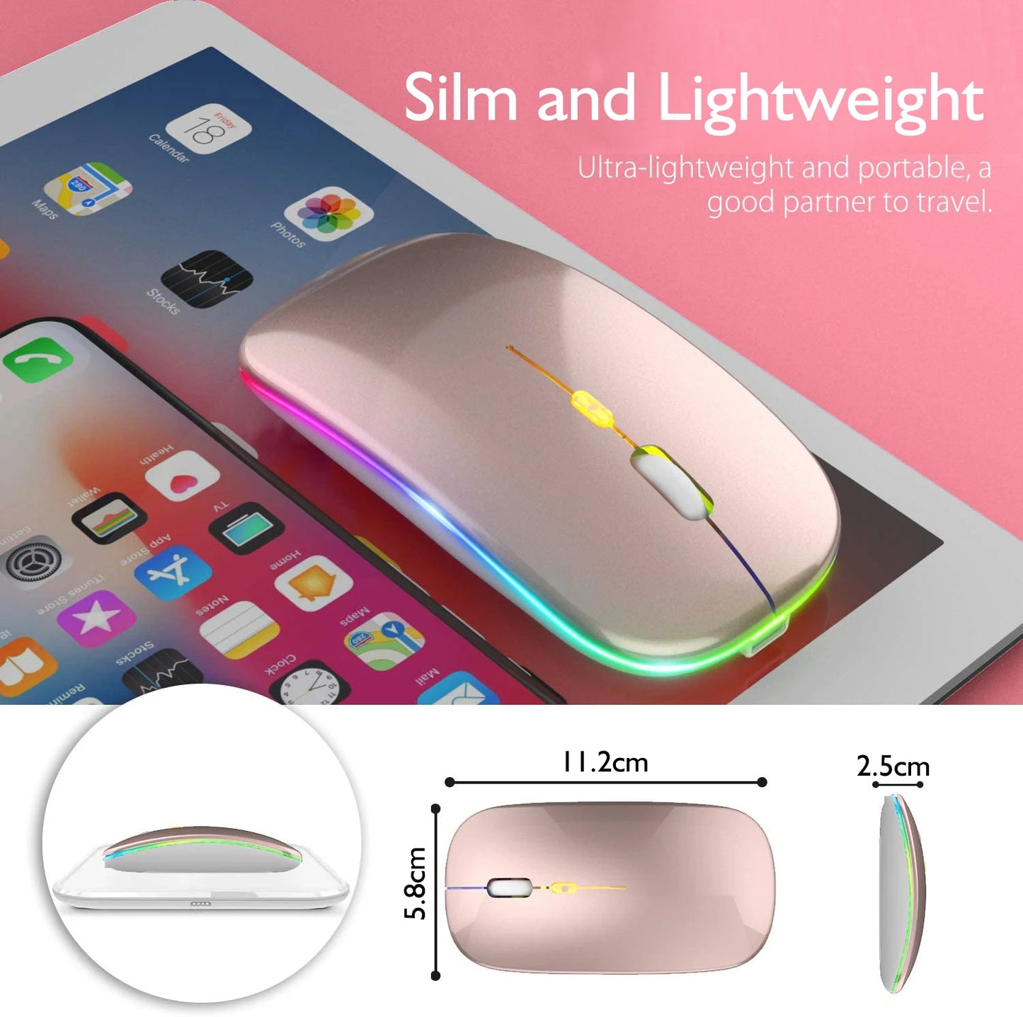 Tablet Computer Bluetooth Wireless Mouse Rechargeable Mouse 1600DPI RGB Backlight Mice for PC Laptop 2.4GHz USB Gaming Mouse